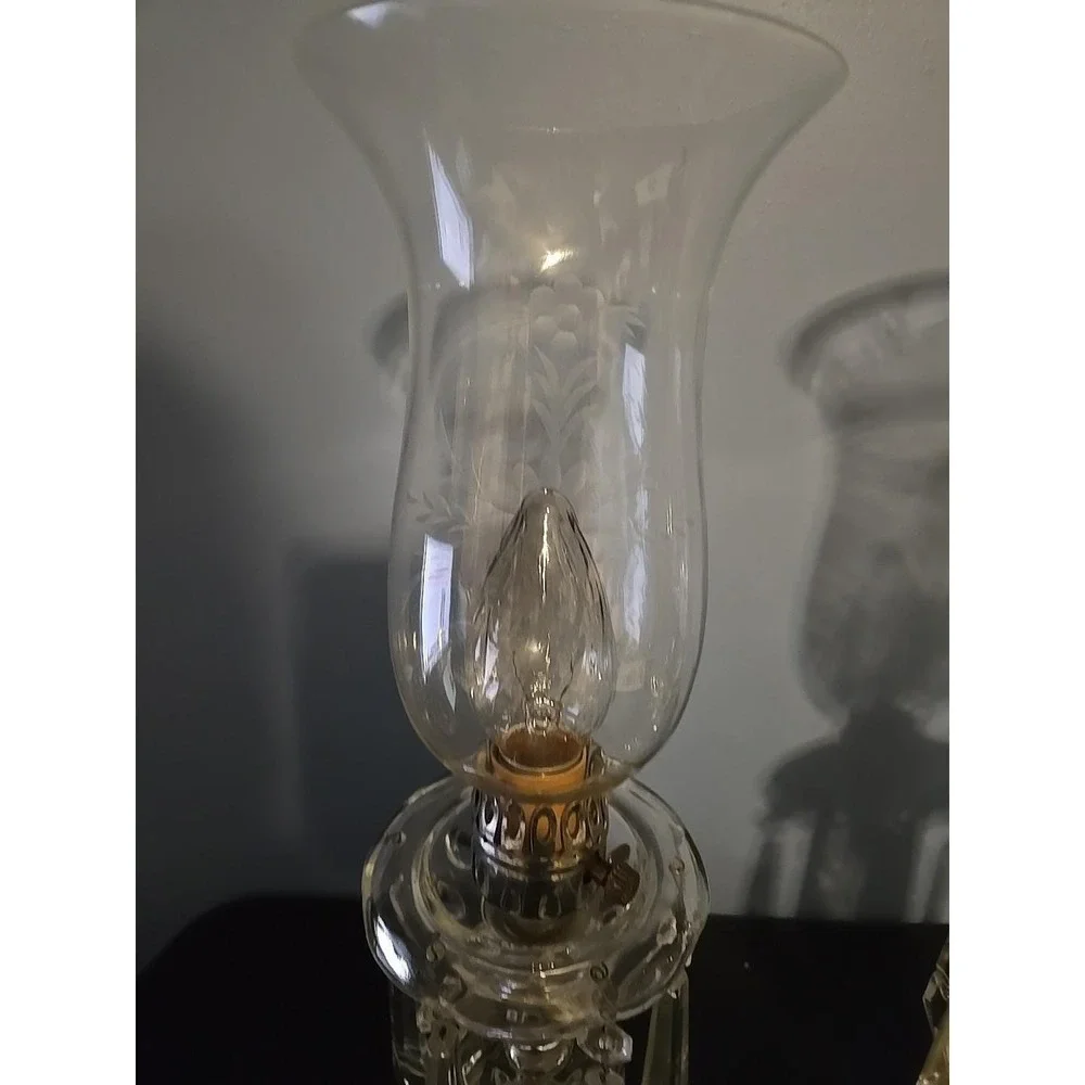 Pair of Etched Glass Boudoir Mantle Crystal Prisms Hurricane Table Lamps